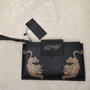 NWT Ed Hardy Black Tiger Tattoo Wristlet Wallet Large Bifold